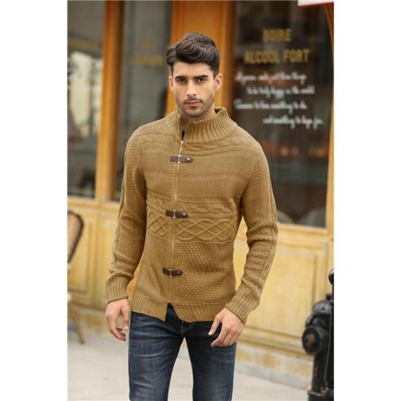 Men's Cable Knitted Oplique Zip Button Front Long Sleeve Cardigan Sweater - Picture 3 of 7